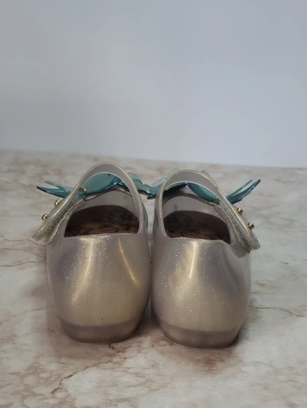 Mini Melissa Girls Metallic Gold Mary Jane Flats with Blue Butterfly Accent 10